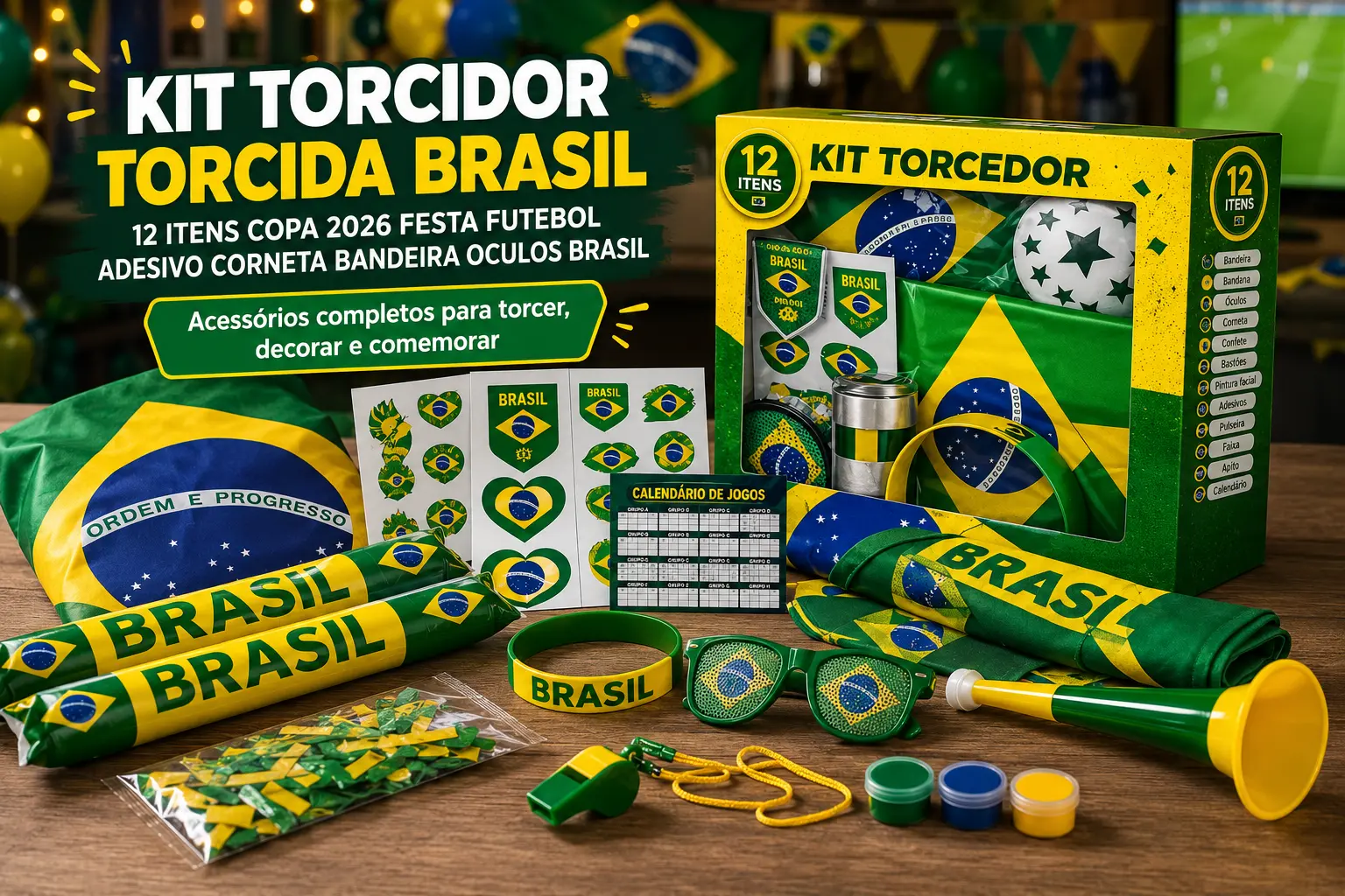 Kit Torcedor Brasileiro para Copa do Mundo Norte Americana com Bandeira, Óculos e Corneta - Até 12 Itens na Shopee